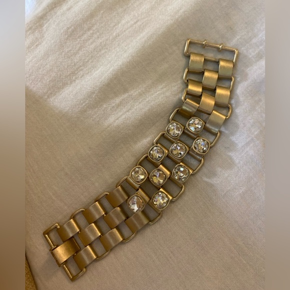 Antiqued Gold Tone Book Chain Design Bracelet w/ Bezel Set Clear Stones‎ - Picture 3 of 10